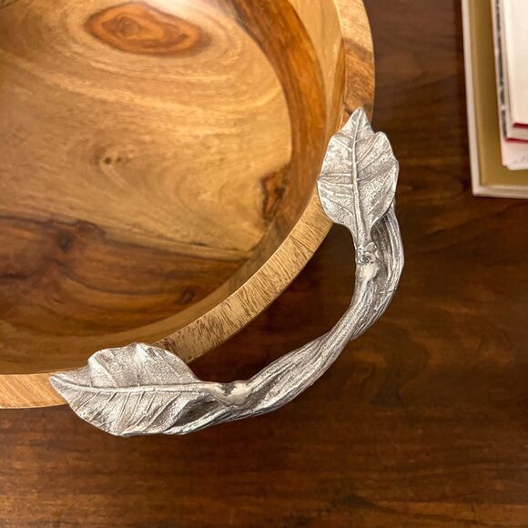 Pier 1 Large 14in Teak Wood Serving Bowl w/Silver Leaf Handles - Picture 3 of 8